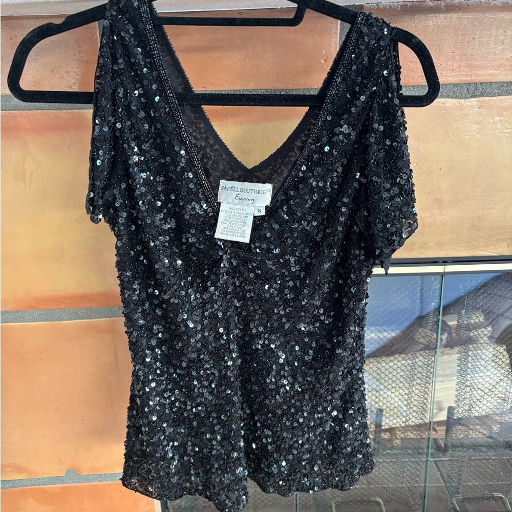 vintage black Sequin 100% silk Blouse size small: one of a kind - Picture 3 of 6